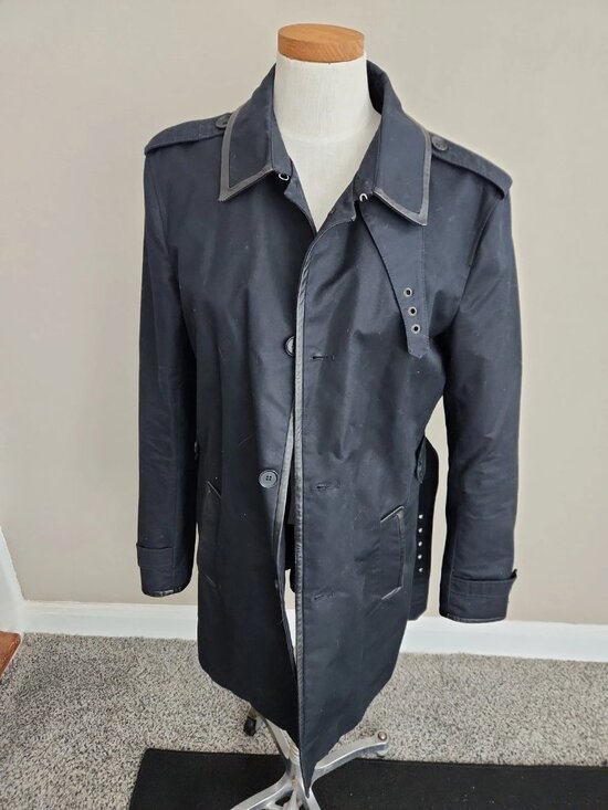 The Kooples Jackets & Blazers - The Kooples Belted 100% cotton jacket Leather Trim Trench black Coat Sz 48 Unise